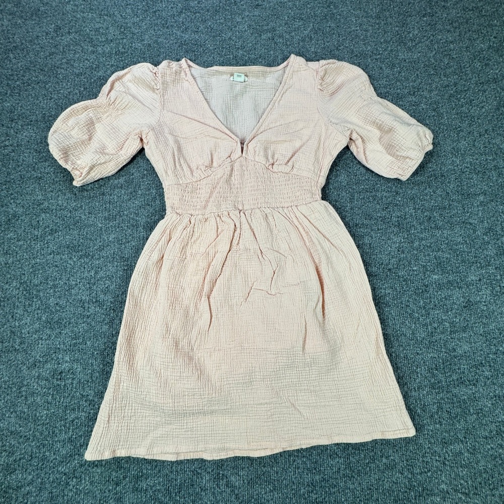Billabong Dress Womens S Pink Puff Sleeve Smocked Waist V Neck‎ Mini Gauze